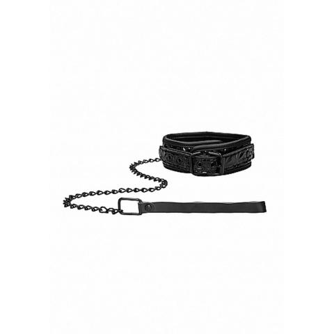 Czarna obroża BDSM ze smyczą na łańcuszku | Regulacja 40–47,5 cm