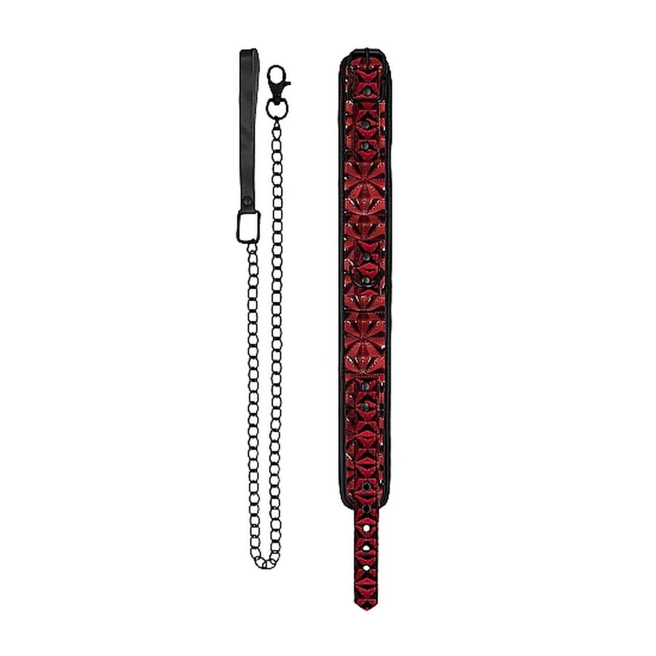 Bordowa obroża BDSM ze smyczą łańcuszkową 52,5 cm – neopren i ekoskóra | Loris.pl