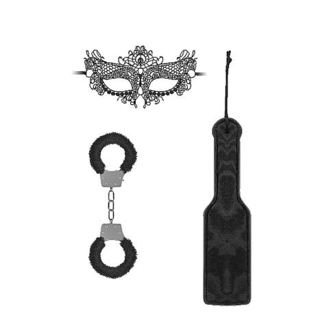Zestaw BDSM dla początkujących czarny – kajdanki z futerkiem, maska i packa 30 cm