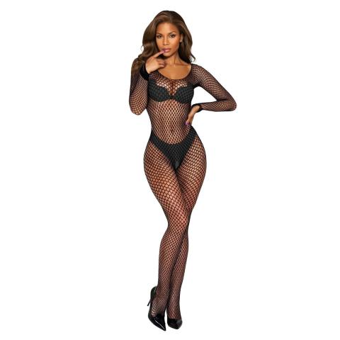 Czarny bodystocking z siateczki z długim rękawem i otwartym krokiem