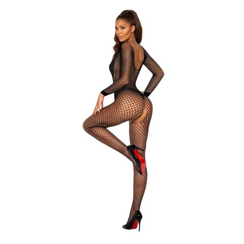Czarny bodystocking z siateczki z długim rękawem i otwartym krokiem