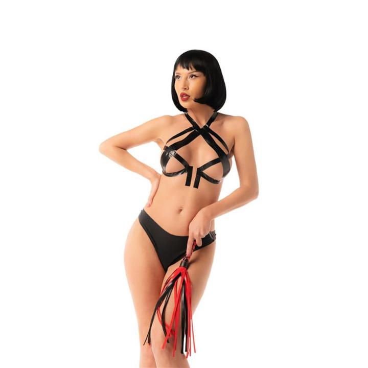 Czarno-czerwony flogger BDSM 51 cm ze skóry PU