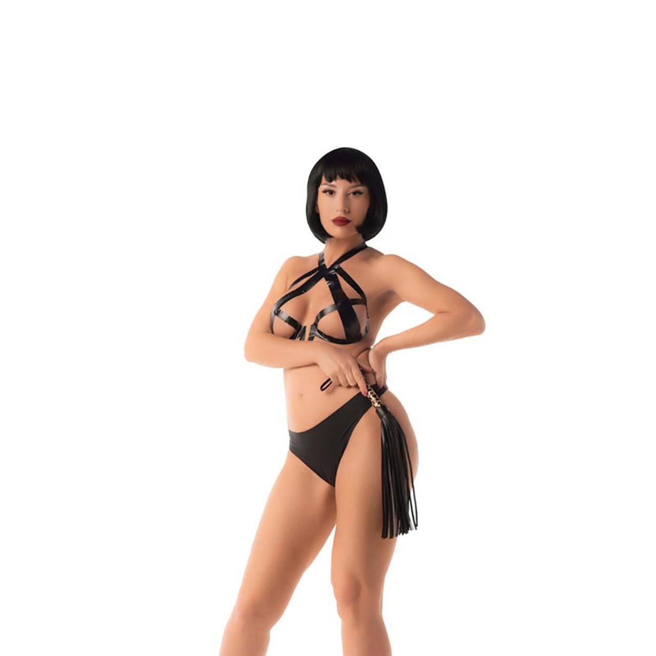 Flogger w panterkę 45 cm – skóra PU, drewniana rączka | Loris.pl