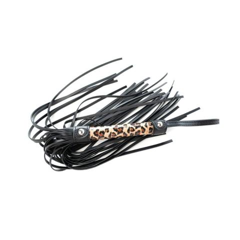 Flogger w panterkę 45 cm – skóra PU, drewniana rączka