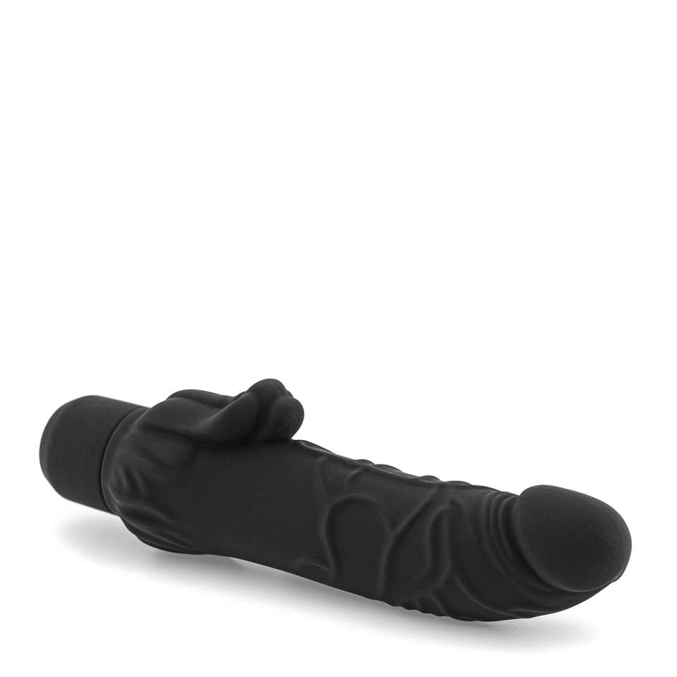 Duży czarny wibrator realistyczny ze stymulacją łechtaczki wykonany z silikonu