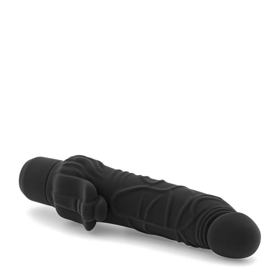 Duży czarny wibrator realistyczny ze stymulacją łechtaczki wykonany z silikonu
