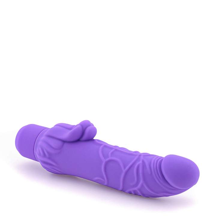 Duży fioletowy wibrator realistyczny ze stymulacją łechtaczki wykonany z silikonu
