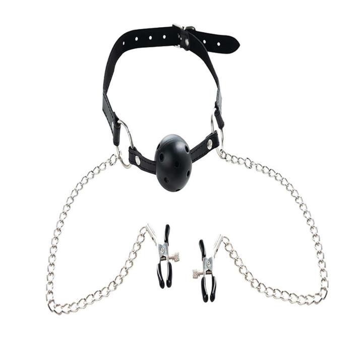 Oddychający knebel kulkowy + regulowane klamry na sutki | BDSM
