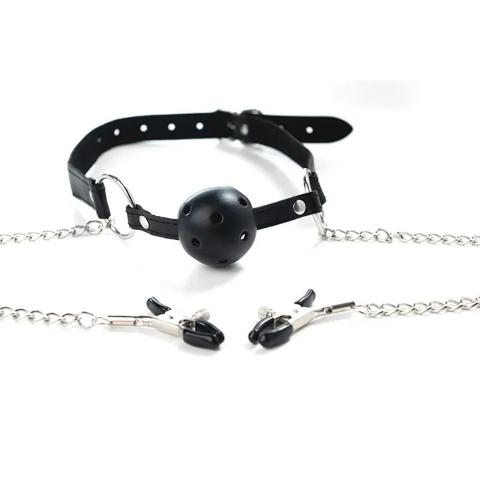 Oddychający knebel kulkowy + regulowane klamry na sutki | BDSM