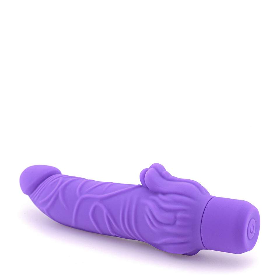 Duży fioletowy wibrator realistyczny ze stymulacją łechtaczki wykonany z silikonu