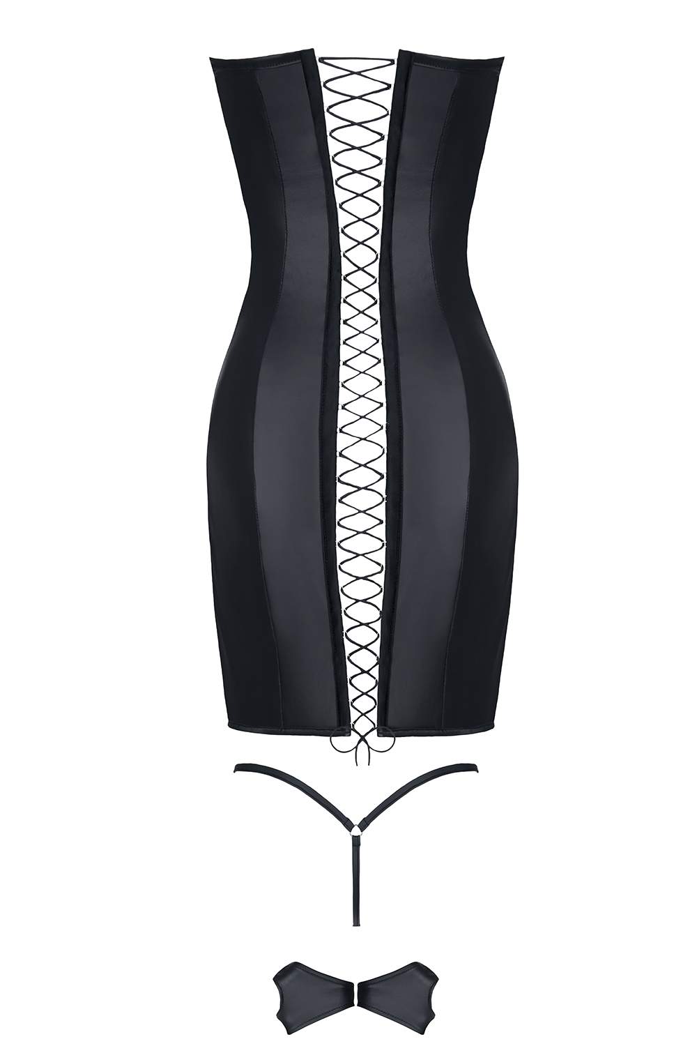 Klasyczna czarna mini sukienka Demoniq Heidi + stringi i krótkie rękawiczki