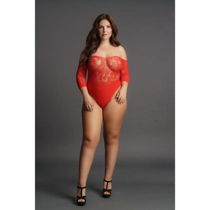 Body z otwartym krokiem i cyrkoniami plus size | Koronkowe body