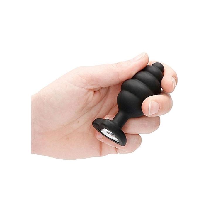 Prążkowany korek analny z diamentem czarny | silikonowy, wodoodporny