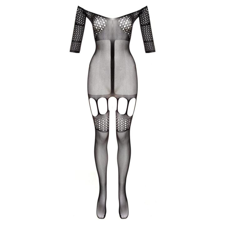 Czarny bodystocking z paskami do pończoch i otwartym krokiem