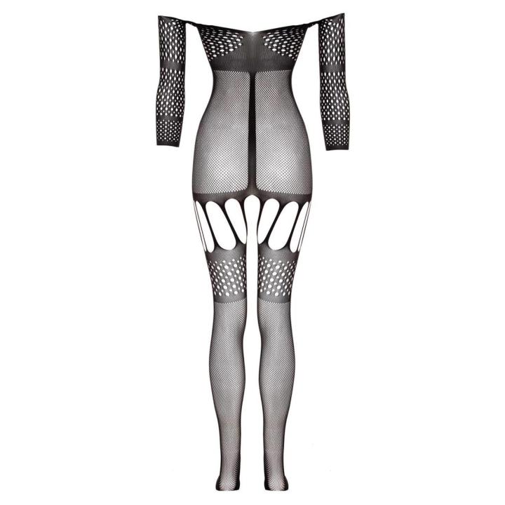 Czarny bodystocking z paskami do pończoch i otwartym krokiem