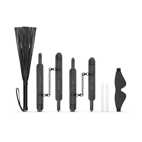 Zestaw BDSM do bondage czarny – kajdanki, opaska, flogger, świece