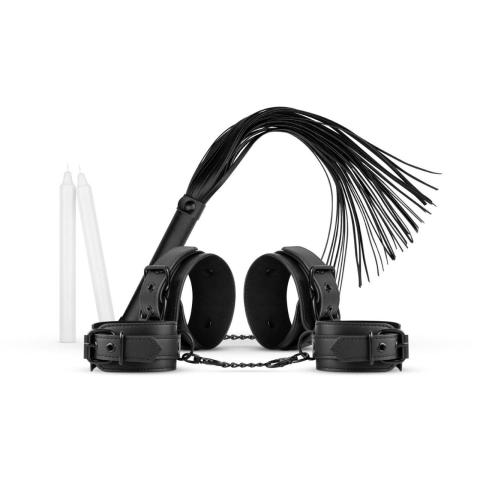 Zestaw BDSM do bondage czarny – kajdanki, opaska, flogger, świece