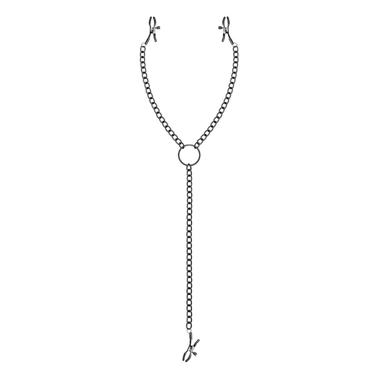 Klamry na sutki i łechtaczkę z łańcuszkiem czarne, regulowane | Loris.pl