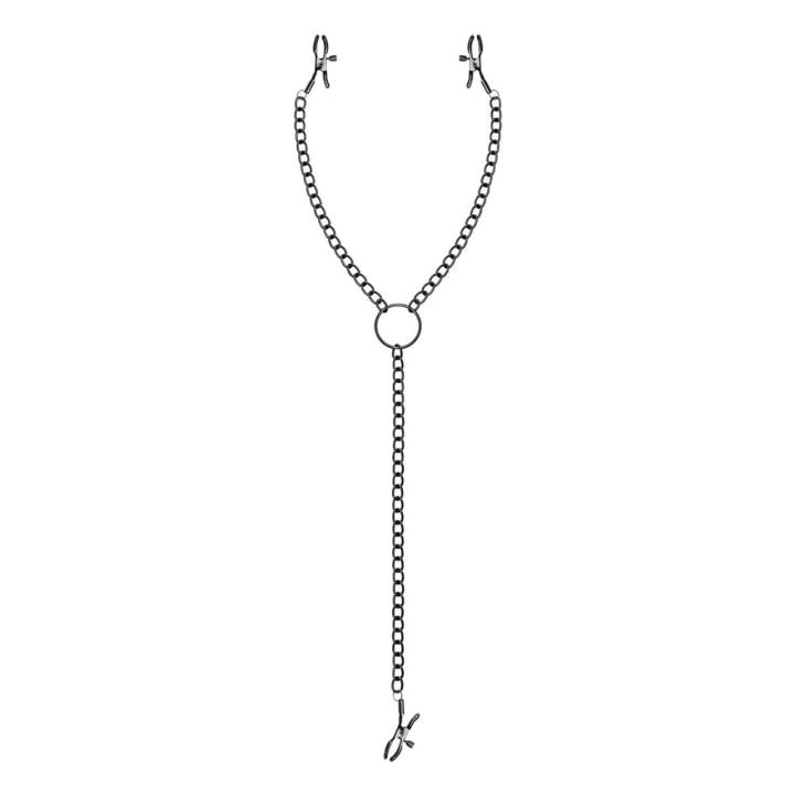 Klamry na sutki i łechtaczkę z łańcuszkiem czarne, regulowane | Loris.pl