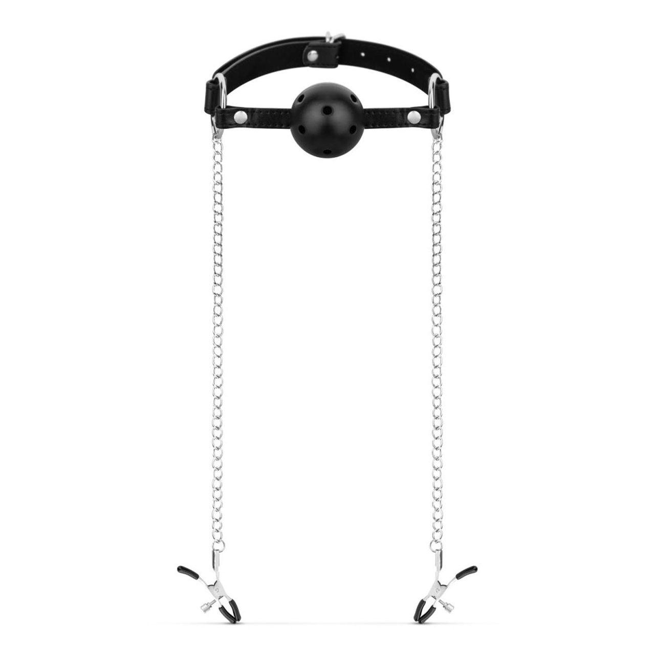 Knebel z kulką i klamerki na sutki czarny – zestaw BDSM z regulacją | Loris.pl
