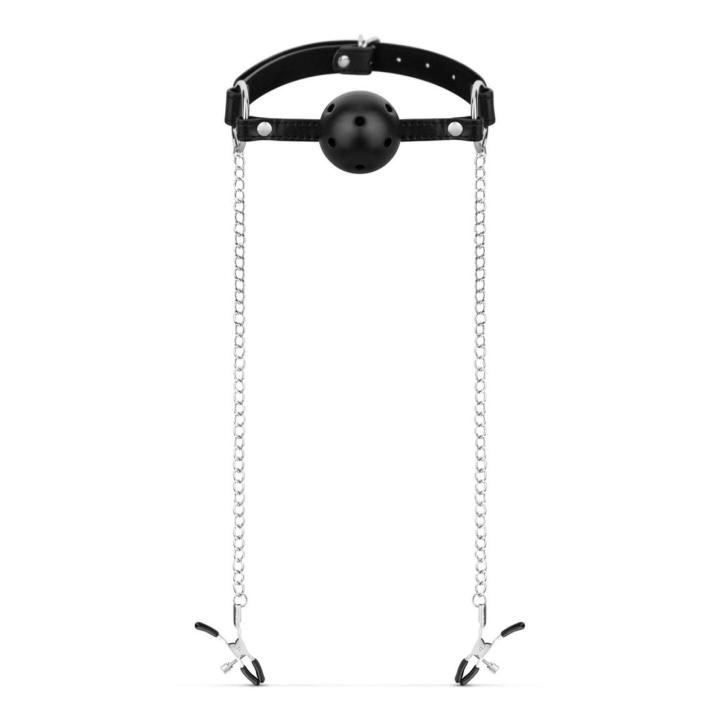Knebel z kulką i klamerki na sutki czarny – zestaw BDSM z regulacją | Loris.pl