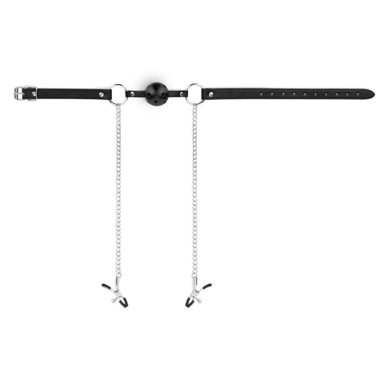 Knebel z kulką i klamerki na sutki czarny – zestaw BDSM z regulacją | Loris.pl