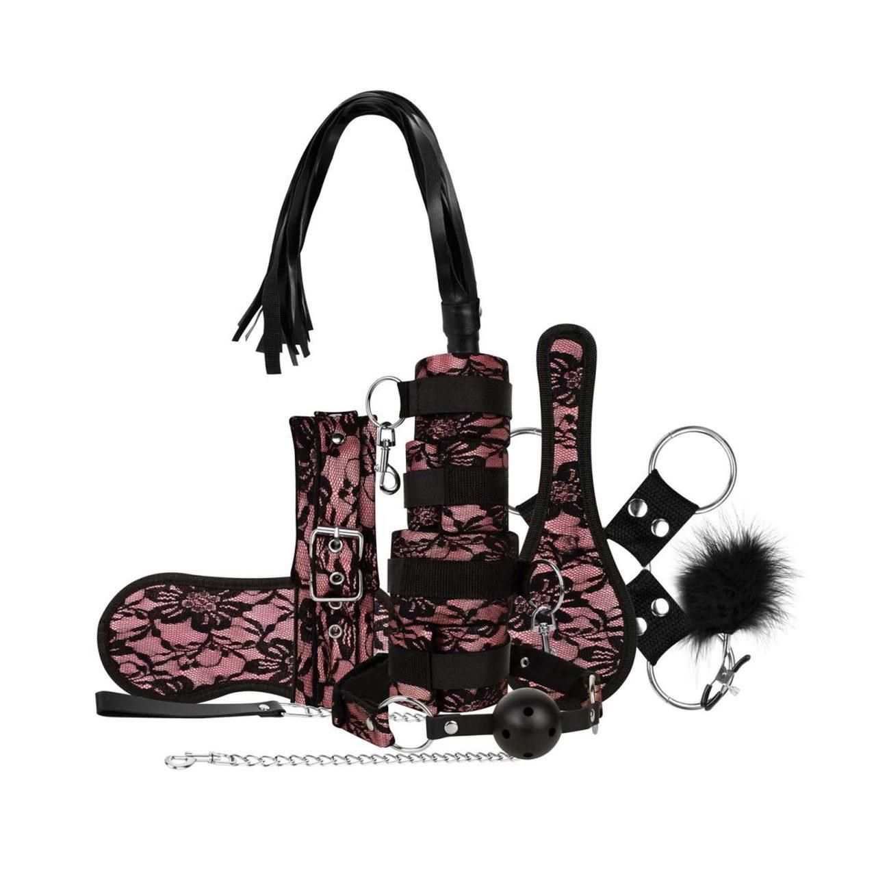 Koronkowy zestaw BDSM 8 el. z kajdankami i pejczem | Loris.pl