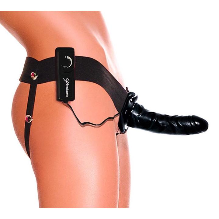Wibrująca proteza strap-on hollow 17 cm z uprzężą i pilotem | Loris.pl