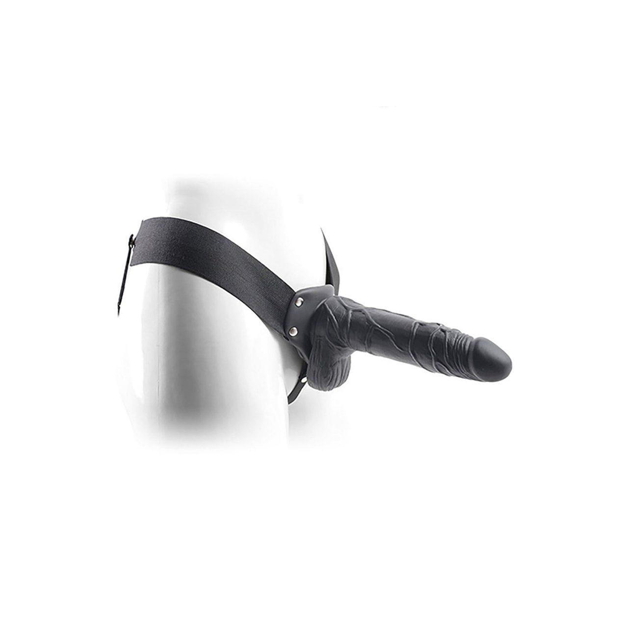 Czarna proteza strap-on z jądrami i regulowanymi paskami | Loris.pl