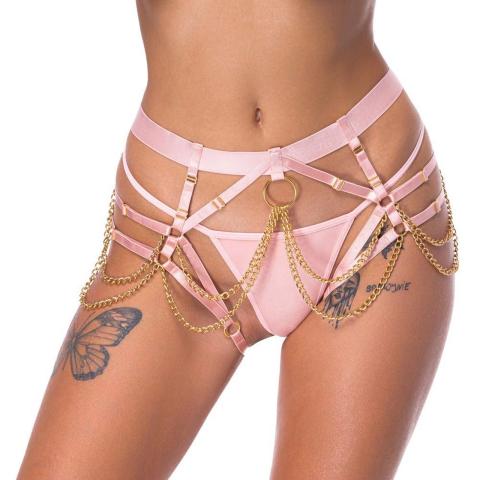 Różowa uprząż z łańcuszkami i mini stringami S-L