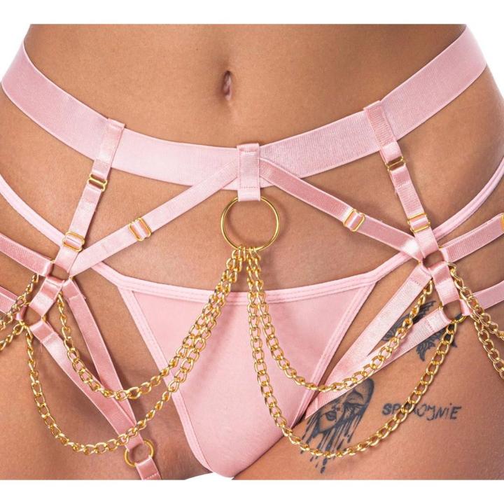Różowa uprząż z łańcuszkami i mini stringami S-L