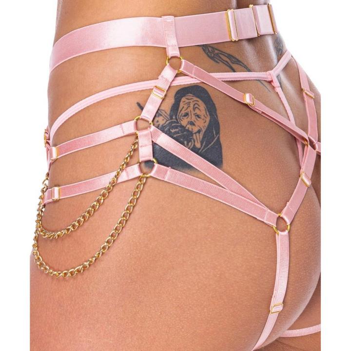 Różowa uprząż z łańcuszkami i mini stringami S-L