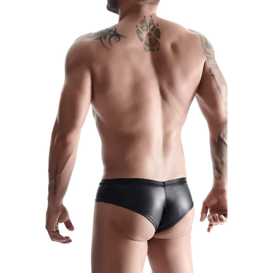 Przylegająca do ciała czarna koszulka z wetlook i figi brazyliany dla mężczyzn