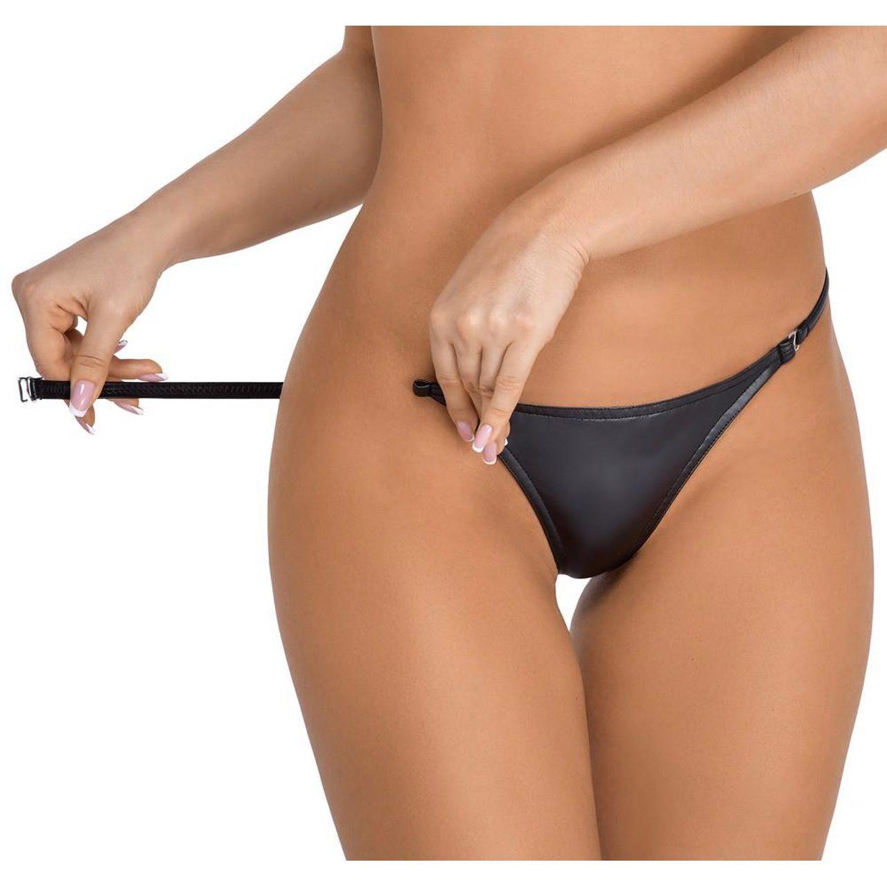 Czarne stringi wetlook rozpinane L/XL – zmysłowe majtki damskie