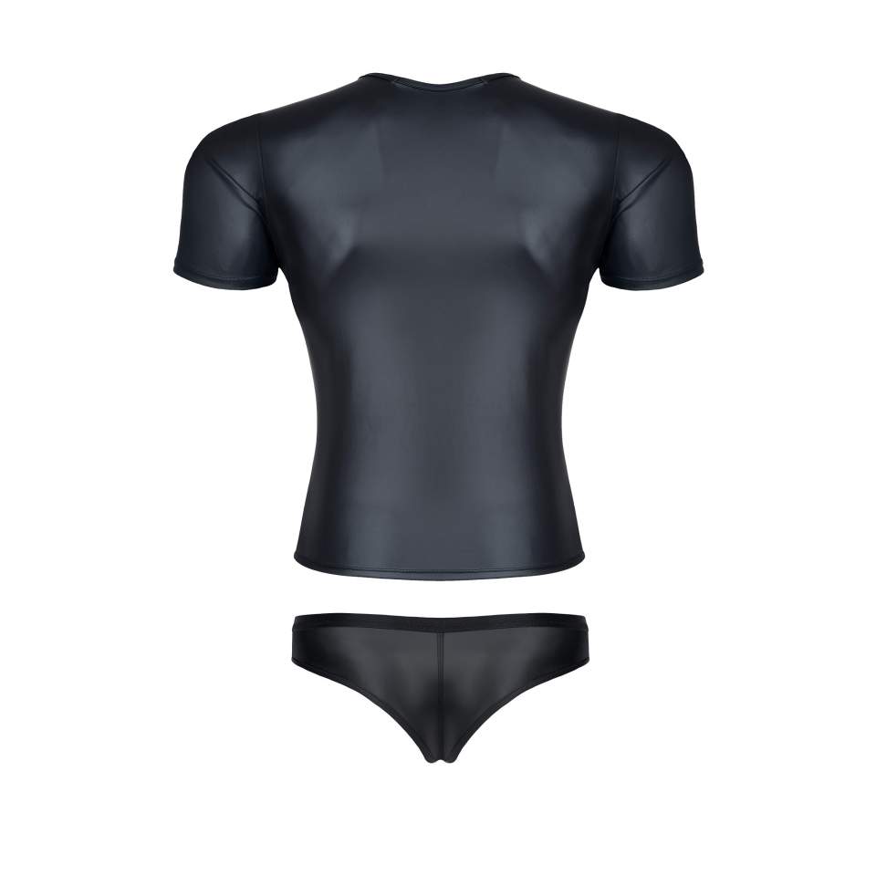 Przylegająca do ciała czarna koszulka z wetlook i figi brazyliany dla mężczyzn