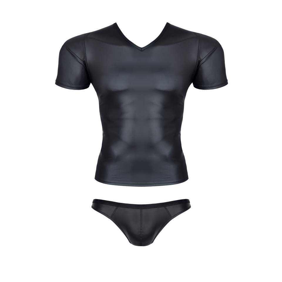 Przylegająca do ciała czarna koszulka z wetlook i figi brazyliany dla mężczyzn