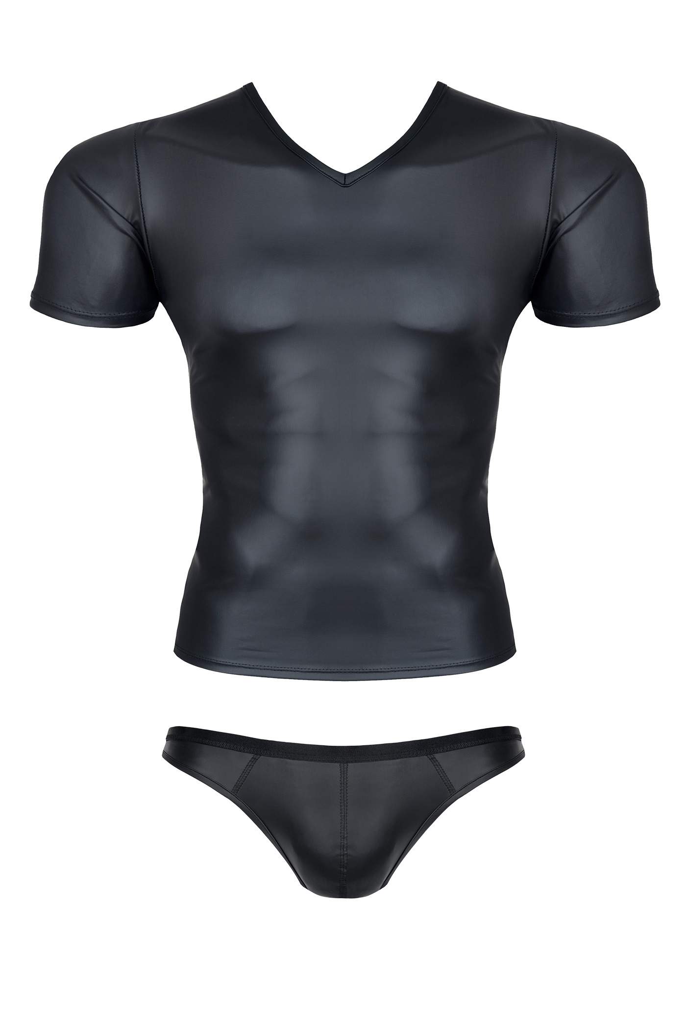 Przylegająca do ciała czarna koszulka z wetlook i figi brazyliany dla mężczyzn