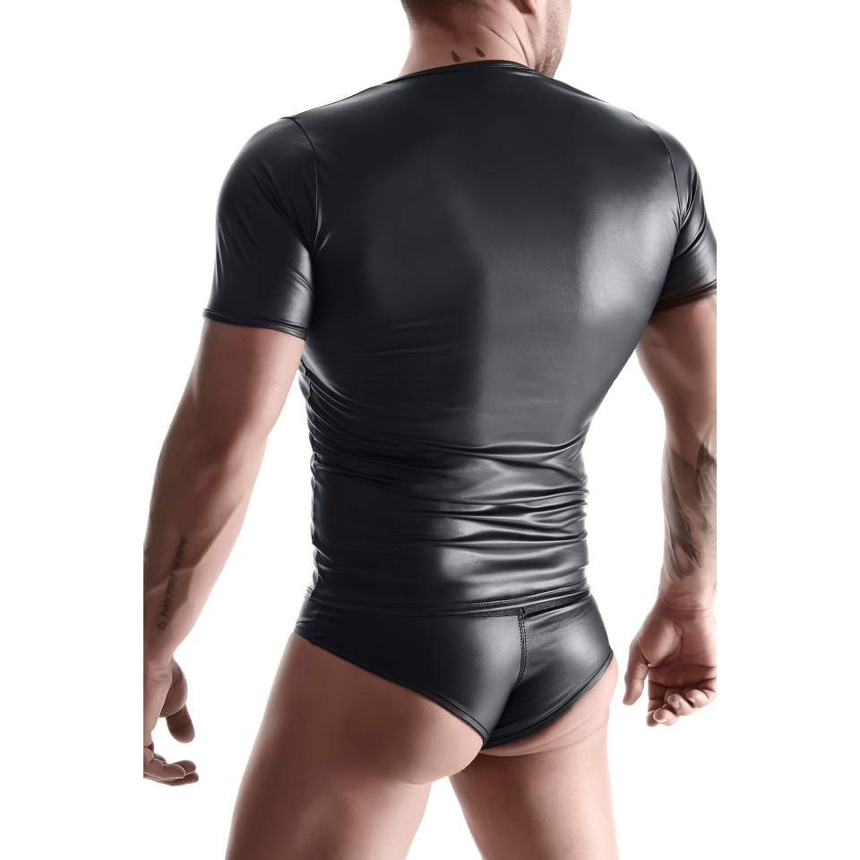 Przylegająca do ciała czarna koszulka z wetlook i figi brazyliany dla mężczyzn