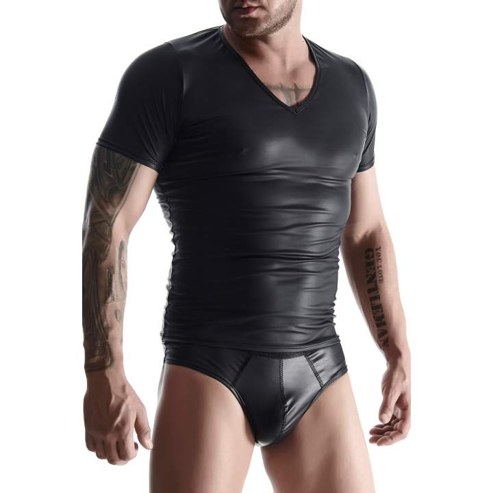 Przylegająca do ciała czarna koszulka z wetlook i figi brazyliany dla mężczyzn