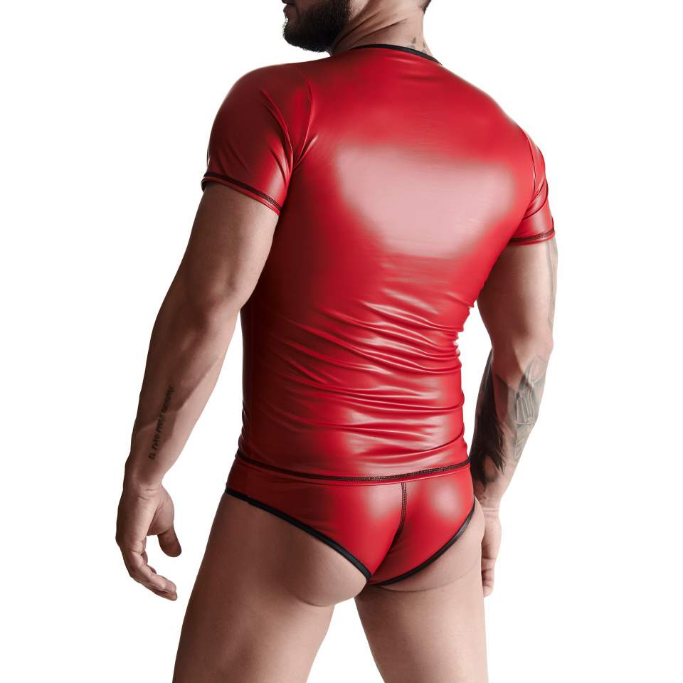 Seksowna czerwona koszulka z rękawami z wetlook i figi brazyliany dla mężczyzn