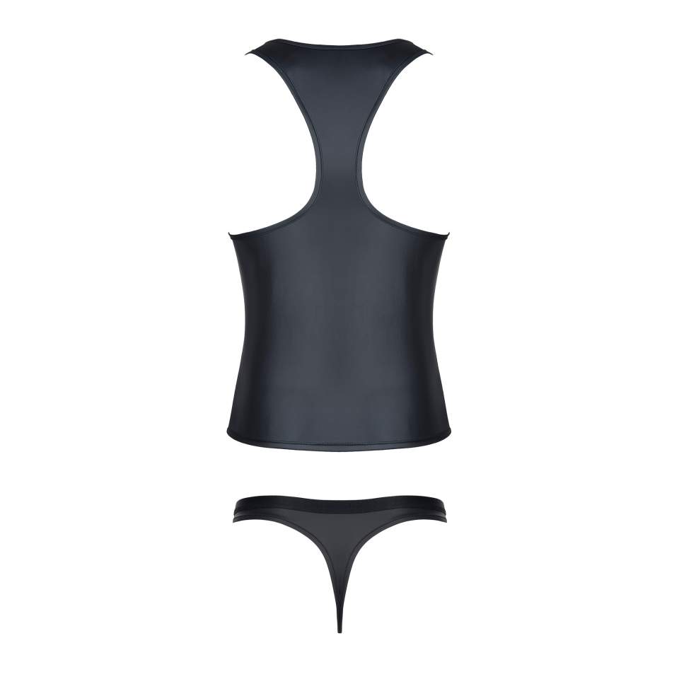 Czarna koszulka z wetlook bez rękawów dla mężczyzn + stringi