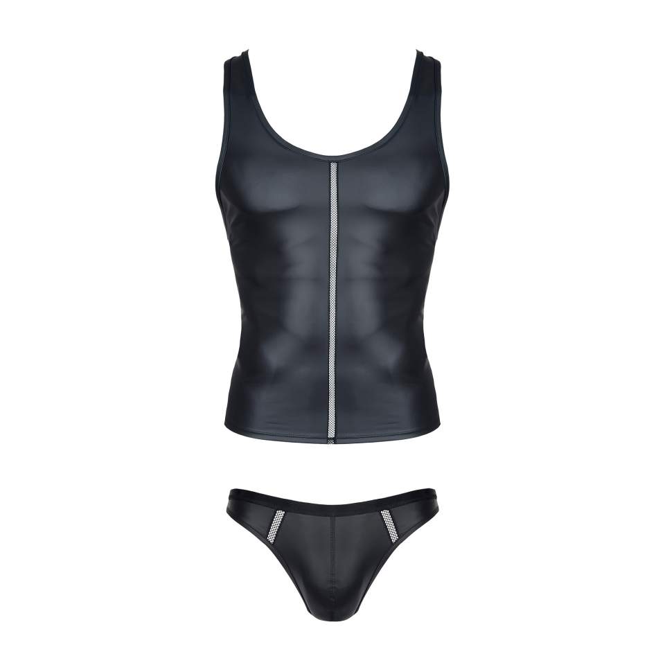 Czarna koszulka z wetlook bez rękawów dla mężczyzn + stringi