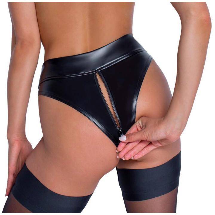 Czarne stringi powerwetlook z zamkiem 2-way i wysokim stanem