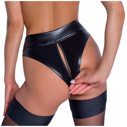 Czarne stringi powerwetlook z zamkiem 2-way i wysokim stanem