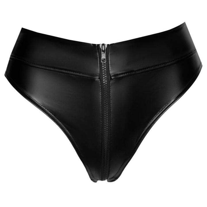 Czarne stringi powerwetlook z zamkiem 2-way i wysokim stanem