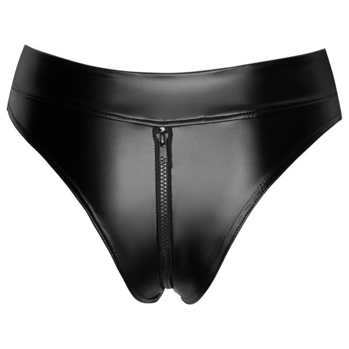 Czarne stringi powerwetlook z zamkiem 2-way i wysokim stanem