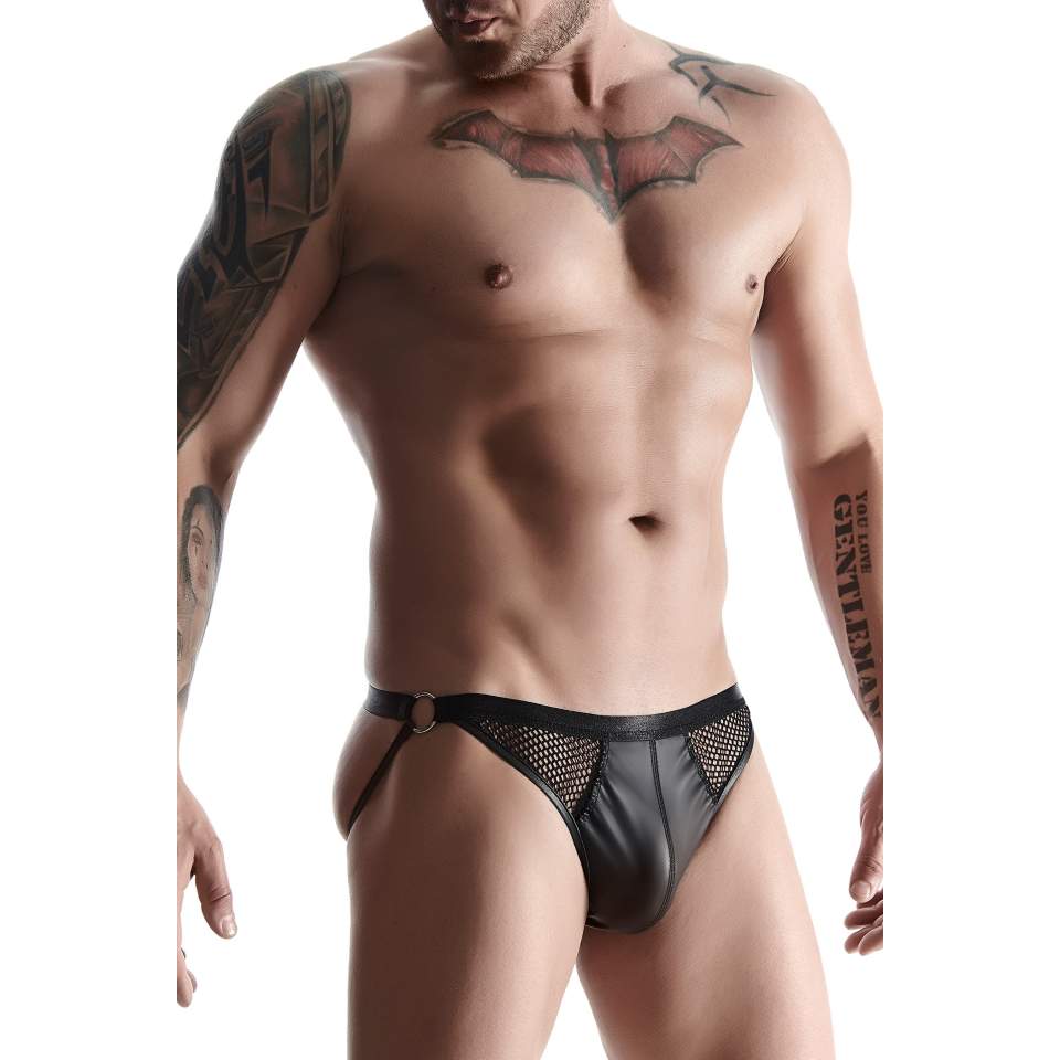 Męski czarny T-shirt z elastycznej ekoskóry + stringi