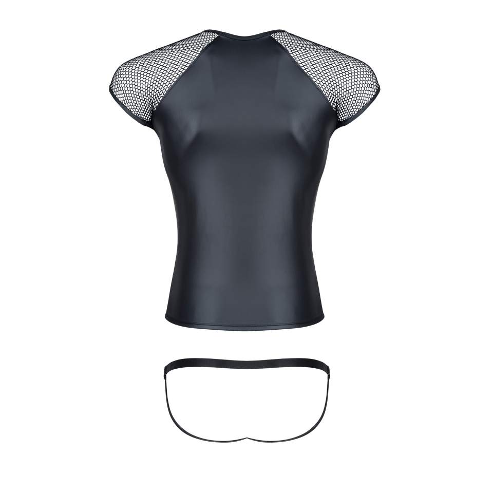 Męski czarny T-shirt z elastycznej ekoskóry + stringi