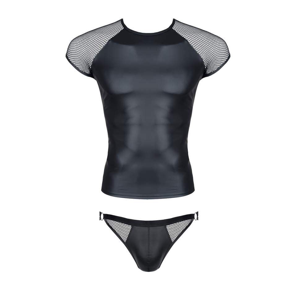 Męski czarny T-shirt z elastycznej ekoskóry + stringi