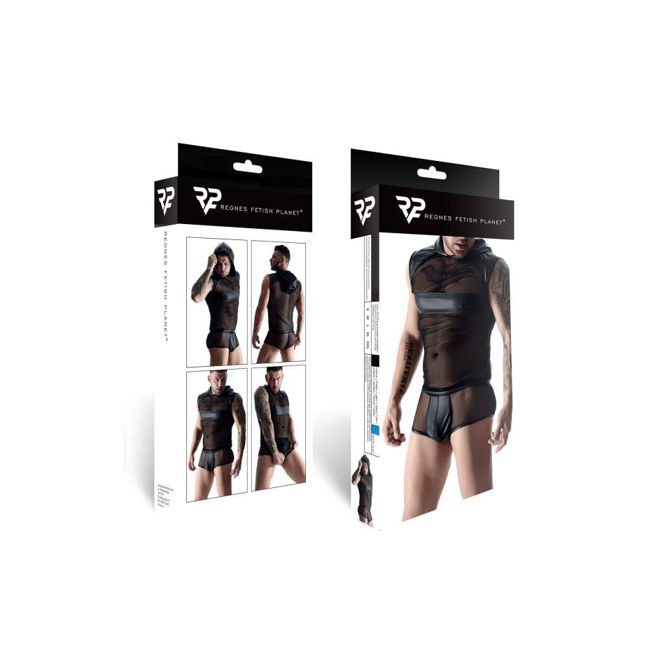 Czarna koszulka bez rękawów z prześwitującej siateczki dla mężczyzn + szorty w komplecie